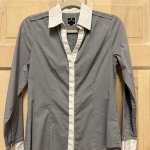 Grey and white button-up shirt